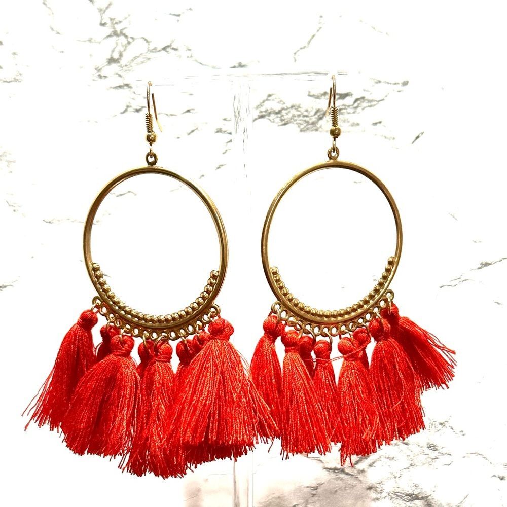 New Boho Red & Gold Tone Hoop Tassel Earrings